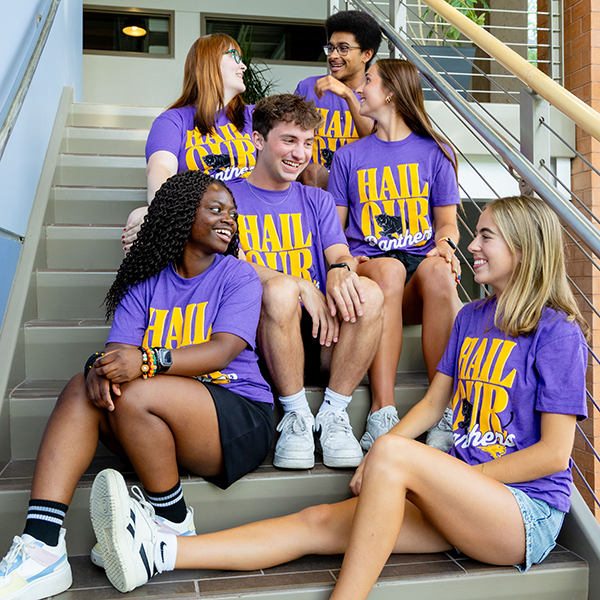 Six students sitting on the stairs and laughing wearing Hail Our Panthers TC's Tees t-shirt